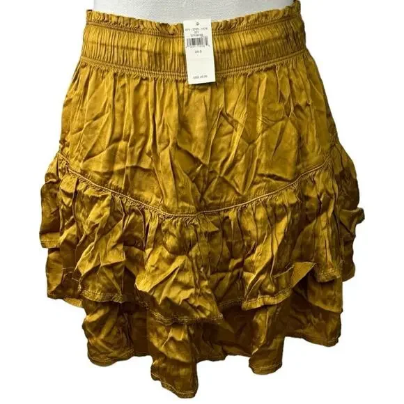 Aerie Size S Mini Skirt Sweet N’ Silky In Honey Ruffle Layers Satin Elastic NEW - Picture 5 of 11